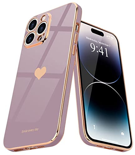 Teageo for iPhone 14 Pro Case Cute Heart Pattern for Women Girls Slim Luxury Bling Plating Soft TPU Anti-Scratch Shockproof Bumper Phone Case for iPhone 14 Pro, Lavender