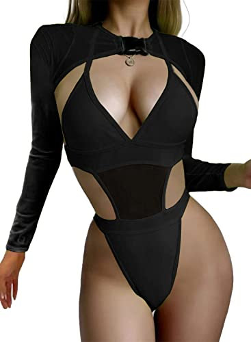 EVELUST Rave Outfits Für Damen - Festival Outfit Damen Sexy Neon Mesh Body Bodysuit Achselzucken Langarm Crop Tops Mit Schnalle Techno Klamotten Party Dance Badeanzug 2-Teilig(Black,M,1017w)