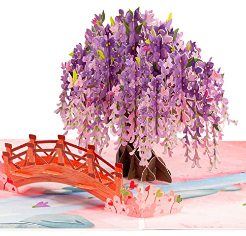 Frndly by Paper Love 3D Wisteria Tree Pop Up Mothers Day Card, Gift for Mothers Day, Birthday, Wedding, Anniversary, Valentine's Day, All Occasion - Handcrafted, 100% Recycled and Eco-Friendly, 8 x 6 Cover - Includes Envelope and Note Tag