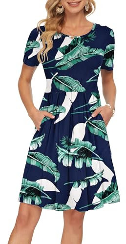 AUSELILY Damen Kurzarm Kleid Königsblau Grün Plissee Loose Swing Freizeitkleid mit Taschen Dunkelgrün L