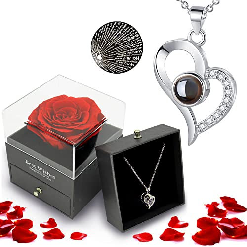 LIHELEI Echte Rose mit I Love You Halskette 100 Sprachen Schmuck Geschenkbox für Valentinstag, Ewige echte Rose Geschenke für Sie Frauen Freundin Mama am Valentinstag Muttertag Geburtstag