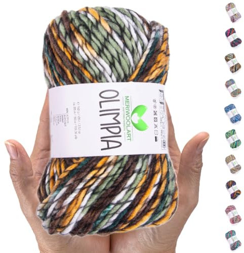 MeriWoolArt Merino Wolle zum Stricken – 100 m Mehrfarbige Dicke Weiche Merinowolle zum Stricken für Pullover Jacken – XXL Handstrickwolle – Voluminöse DIY Wolle für Schals Decken Tücher Geschenke