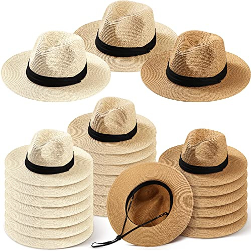 24 Stück Damen Strohhut Panama Bulk breite Krempe Fedora Strand Sonnenhut Sommer Strohhut Fedora Kappe Panama Sonnenhut für Damen Herren, Beige, Khaki, Creme, Medium