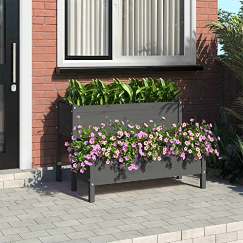 FIRBNUS 110 x 84 x 75 cm Jardinière en bois avec 2 pots de fleurs gris en treillis en bois, design à 2 niveaux, jardinière de jardin, pot de fleurs pour patio en bois massif de pin