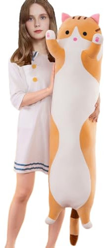 Aiuidun Lange Katze Kuscheltier Stofftiere Katzen Plüsch Kisse Süße Kätzchen Plüschtier Schlafkissen,Weiche Lange Katze Kuschelkissen Geschenk für Kinder Freundin(130cm/51.1inch,Yellow)