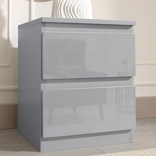 Blisswood High Gloss Chest of Drawers 2 Drawer Bedroom Storage Unit with Metal Runners, Small Grey Bedside Cabinet for Bedroom, Living Room, Nursery or Office Furniture (40D x 42W x 55H cm)
