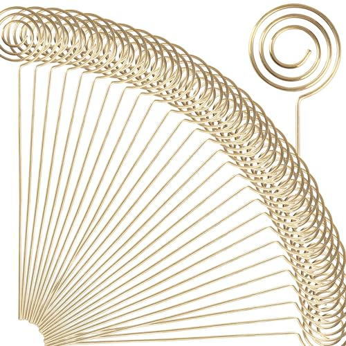 H&W 50Pcs Goldene Ring Schleife Foto Halter Memo Clip Halter,12cm Metalldraht Tischnummer Halter,Runde Form Platzkartenhalter,Menü Noto Memo Clips Halter für Hochzeit Geburtstag DIY Cake Topper
