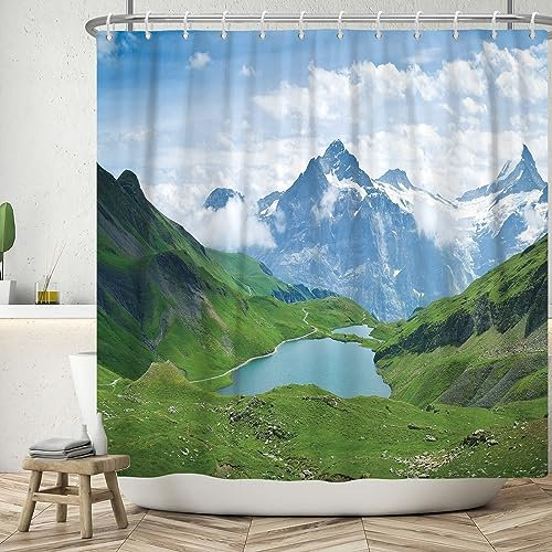 ASDCXZ Landschaft Duschvorhang 180x200 cm, Naturlandschaft Beruhigen See und Grün Berg Bad Waschbar Duschvorhänge Polyester Textil Wasserdicht Badevorhang für Badewanne mit 12 Haken