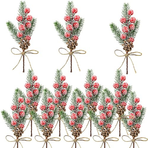 Bacucine 12PCS Christmas Berries Pine Cones Artificial Tree Picks Christmas Decorations with Snow Covered Evergreen Pine Branches for Holiday Family Gathering Craft Gift Wrap Decor