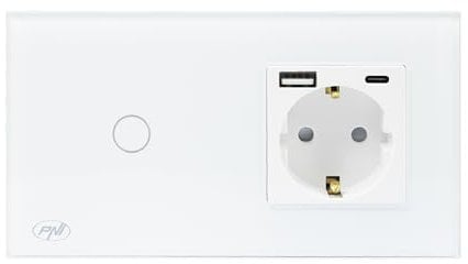 Commutateur en verre unique PNI SH115W avec fonction tactile, combiné avec prises Schuko et connecteurs USB
