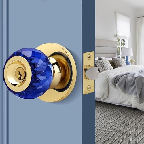 LOQRON Crystal Door Knob with Privacy Lock, Blue Glass Interior Door Knob with Keys and Lock, Round Design Crystal Doorknob for Bathroom Bedroom, Gold