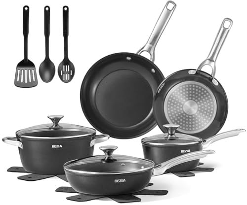 BEZIA Induction Hob Pan Set 15-Piece, Pots and Pans Set with Healthy Ceramic Non-Stick Coating, Stainless Steel Handles & Lids, Compatible with All Stoves, Black