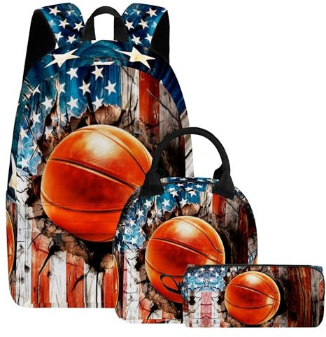 Scovotec Basketball-Rucksack mit amerikanischer Flagge, für Kinder, Mädchen, Jungen, Mädchen, Schulrucksack mit Lunchbox, Federmäppchen, 43,2 cm, leichter Rucksack, 3-in-1-Set für Grundschüler