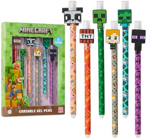 Minecraft Set de Bolígrafos Borrables de Gel, Bolígrafos de Colores con Gomas, Pack de 6, Material Escolar