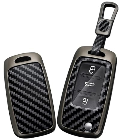 TECART Klapp Autoschlüssel Hülle cover Passt für VW Caddy Jetta Bora Beetle EOS Golf 4 5 6 Polo Passat 3BG 3B Scirocco Touran PVC Schlüsselanhänger Keyless Go Schutz 3 Taste Kohlefaser