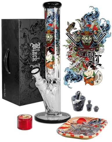 BLACK LEAF Ronin und Geisha Bong Koffer-Bong SET 18,8mm H: 40 cm WS: 7 mm + Sticker