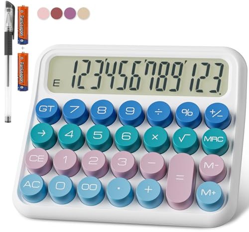 Niedlich Taschenrechner Schule, 12-stellig Extra Großes 5-Zoll-LCD-Display, Batterie Tischrechner Groß Büro Tasten Leicht zu Drücken, 15°Neigbarer Bildschirm für Taschenrechner Kinder(Bunt)
