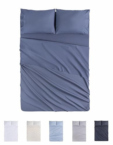 Todocama Juego de Sábanas de 4 Piezas - 4002 - Sábana Bajera Ajustable - Encimera - Dos Fundas de Almohada de 50x80cm (Cama 90x190/200 cm, Azul Grisáceo)
