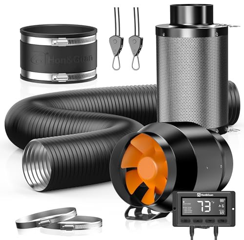 Hon&Guan Abluftset 100mm, Rohrventilator 100mm mit Temperatur- und Feuchtigkeitsregler, Aktivkohlefilter Grow, Gummikupplung, Rohr Schlauchschellen Set für Growzelt Hydroponik Lüftung Growbox