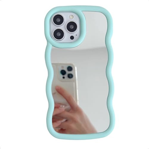 Tybiky Compatible with iPhone 14 Curly Wave Mirror Mobile Phone Case Cute Curly Waves Frame Shape Mirror Makeup Case Soft Shockproof Silicone Protective Case for Lovely Style Women Girls, Green