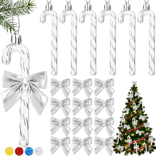 6 Stück Zuckerstangen Weihnachtsbaum,12 Stück Weihnachtsschleifen,Zuckerstangen Baumschmuck,Schleifen Weihnachtsbaum,Weihnachtsbaum Anhänger,Weihnachtsbaumanhänger,Weihnachtsbaum Schmuck (Silver)