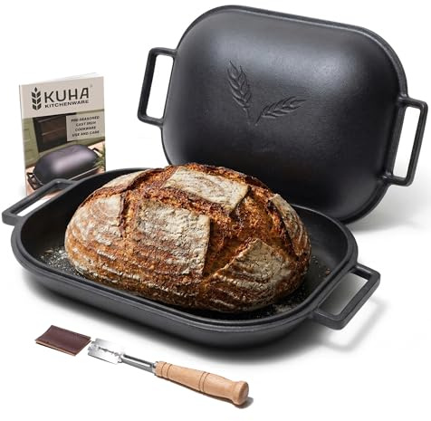 KUHA Cast Iron Bread Oven With Lid | Oval Dutch Oven | 12.2 Interior | Pre-Seasoned Sourdough Bakeware | For Oven Spring, Even Loaves & Clean Scoring | Bread Lame Included | 15.7 x 10.4 x 5.4