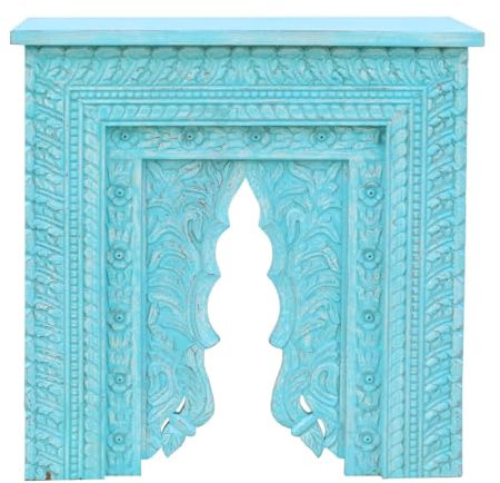 Oriental Galerie Konsolentisch Indische Kommode Sideboard aus Mangoholz mit Schnitzerei Konsole Natur Türkis 80 cm