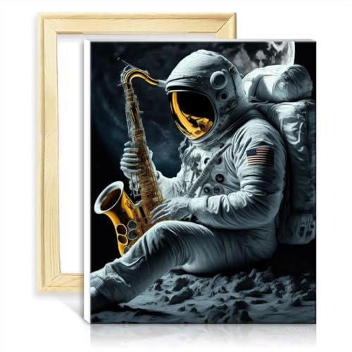 TANGFEIY Kit peinture à l'huile sur toile pour saxophone astronaute Kit peinture à l'huile sur toile pour enfants avec pinceaux et pigment acrylique Décoration murale Cadeaux Sans cadre (40x50cm)