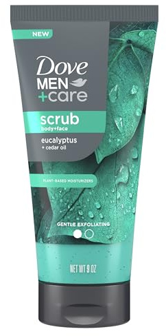 DOVE MEN + CARE Body and Face Scrub Eucalyptus Deeply Exfoliates for Hydrated & Nourished Skin 100% Gentle Cleanser, No Sulfate Cleansers or Parabens 9 oz