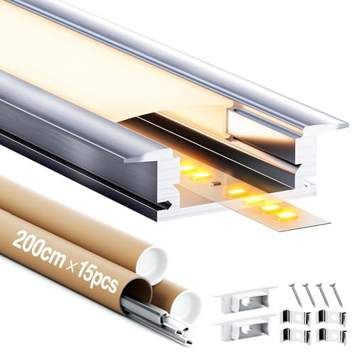 GEEKLUX LED Profil und Led Aluminium Profil 2m 15 Stück – led Schiene für led Streifen/Strip bis 12mm, mit Diffusor und Endkappen, Größe: 24.7×7mm (SL06, 2M 15Stück)