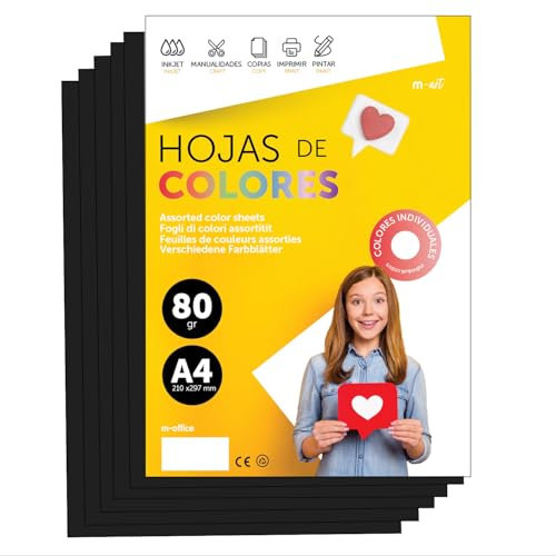 Buntes Papier A4 80g für Drucker & Basteln, Farbige Blätter für Kinder, Kreativprojekte, Karten & Schule M-office (50 Blatt, Schwarz)