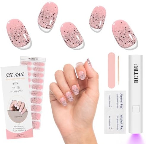 BUTBU Semi Cured Gel Nail Strips, 20 Pcs Gel-Nail Stickers with Mini UV Lamp, Self-Adhesive Waterproof Nails Wraps, gel nail-Polish-Strips with nails File for DIY nail-Art (Gradient Glitter Pink)