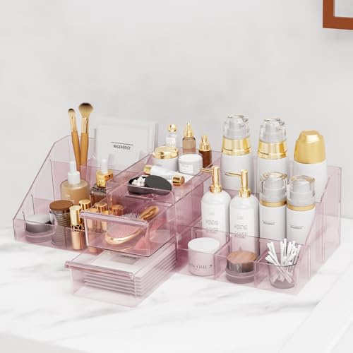 Astrify 2 In 1 Makeup Organiser With Detachable Compartments Pink | For Dressing Table，Vanity，Bathroom，With 2 Drawers，16 Compartments，Cosmetic Organiser，Beauty Organizer，Skincare Organizer
