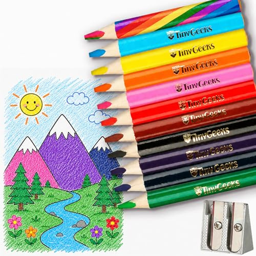 TinyGeeks Jumbo Farbstifte Set für Kinder - Kurze Dicke Dreieckige Stifte für Kinder von 3-7 Jahren - Für Vorschulkinder, Kindergarten, Kleinkinder, Anfänger - Dreieckige Form mit Spitzern