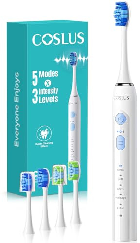 COSLUS C30 Electric Toothbrush for Adults, Effective Yet Gentle Ultra-Clean | 3 Intensities & 5 Modes, 2 Types Soft or Medium Firm Heads, Daily Care, Compact for Travel Use, White & Blue Button, 1PC