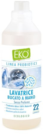 EKO Detersivo Lavatrice e Bucato a Mano con Probiotici Attivi Naturali 1L-22 Lavaggi - Ecologico Senza Profumo, Elimina Odori e Macchie