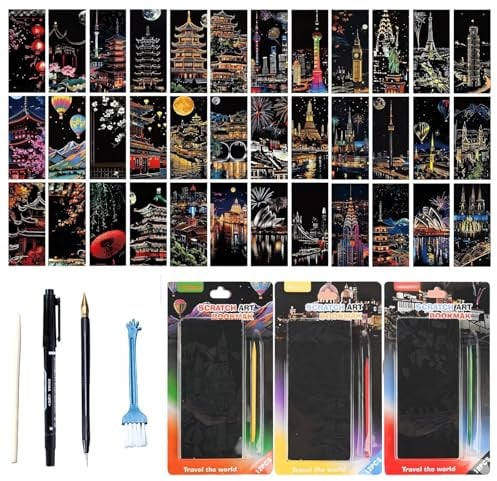 36 Stück Kratzbilder, Kratzbilder Erwachsene, Kratzpapier Und Scratch Painting Mit 36 Motiven, Kreatives Kratzbuch Für Mädchen Und Jungen Für Kinder Ab 6-8, Ideal Für Entspannung Und Kreativität