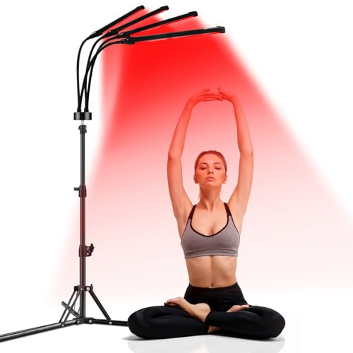 Trayvespace Infrarotlampe, 660nm & 850nm Rotlichtlampe mit Ständer, 3 Timer, 5 Helligkeit Einstellbar, 360° Rotierendes Rotlichtlampe