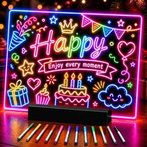 AQUPELW Wiederaufladbares LED Zeichenbrett und Notiztafel mit Farbmarkern | 30 x 20 cm, 12 farbige Stifte, 9 Lichtmodi, 2200 mAh Akku, abnehmbare Acrylplatte