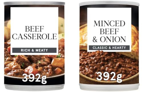 Hearty Tinned Meals Twin Pack, Beef Casserole & Minced Beef & Onions, 392g | Two tins, rich beef casserole and classic minced beef and onion, 392g each, ready to heat