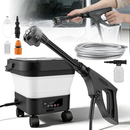 Rondella ad alta pressione con serbatoio dell'acqua da 13 l, pistola a pressione per pulizia a pressione, per esterni, pieghevole, ricaricabile, ugello multifunzione 6 in 1, pulitrice a batteria per