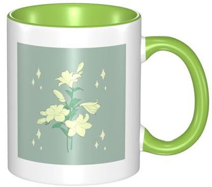 SMAZDFXX Cartoon White Lilies Printed Ceramic Green Mug with Curved Handle, Suitable for Office and Everyday Drinking.