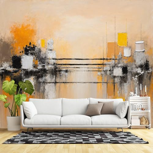 Papier peint mural de taille personnalisée, paysage urbain abstrait reflet jaune, orange, gris, peinture moderne, tissu mural auto-adhésif (pas de PVC) grand papier peint amovible pour salon