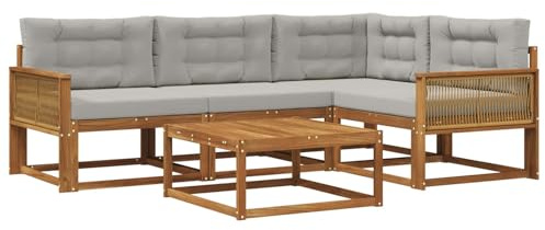 vidaXL Outdoor-Sofagarnitur mit Kissen 5 pcs Natur und Hellgrau, Akazienholz Sofa, modernes Outdoor-Möbel, stylische Sectional-Garnitur, wetterfeste Terrasse, Garten Sitzgruppe