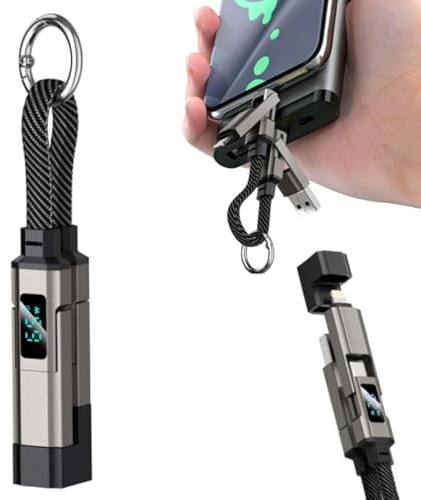 Natwo 4 in 1 USB C Keychain Charger Cable, 65W Fast Charging Short Phone Lanyard Data Cable, Short Braided USB C Fast Charging, Multi-Interface or Car & Office (Type-C/Lightning/USB-A)
