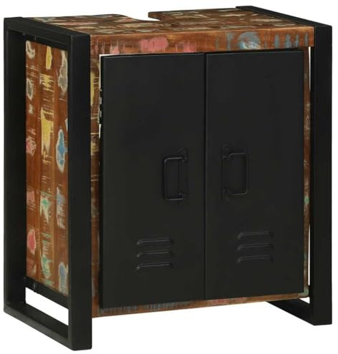 LoogCape Meuble sous lavabo marron en bois massif recyclé, 55 x 35 x 60 cm, avec 2 portes, 1 étagère, sur pieds en fer stables, pour salle de bain, espace de rangement et ordre