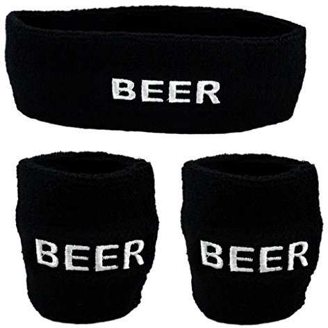 Funny Guy Tassen, Bier Unisex Schweißband Set (3er Pack: 1 Stirnband & 2 Armbänder), BEER-BLACK