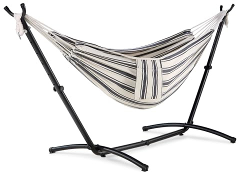 VonHaus Hammock with Stand - Freestanding 2 Person Striped Hammock Seat with Steel Frame - Polycotton Material & Adjustable Frame for Garden - Travel Bag for Beach, Camping & Outdoors - Blue & White