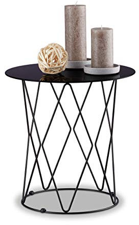 Relaxdays Beistelltisch Schwarzglas, rund, Glas Tischplatte, Drahtkorb, Design Couchtisch, H x Ø; 40,5 x 40 cm, schwarz