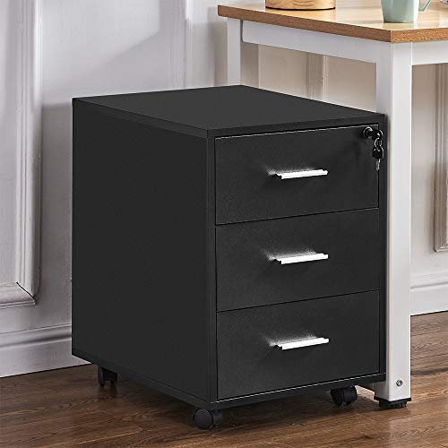 Ansley&HosHo Black Lockable Under Desk Unit Storage Cabinet 3 Drawers Pedestal with Mobile Caster Office Home Wood Side File Document Drawers Cabinet Small Space